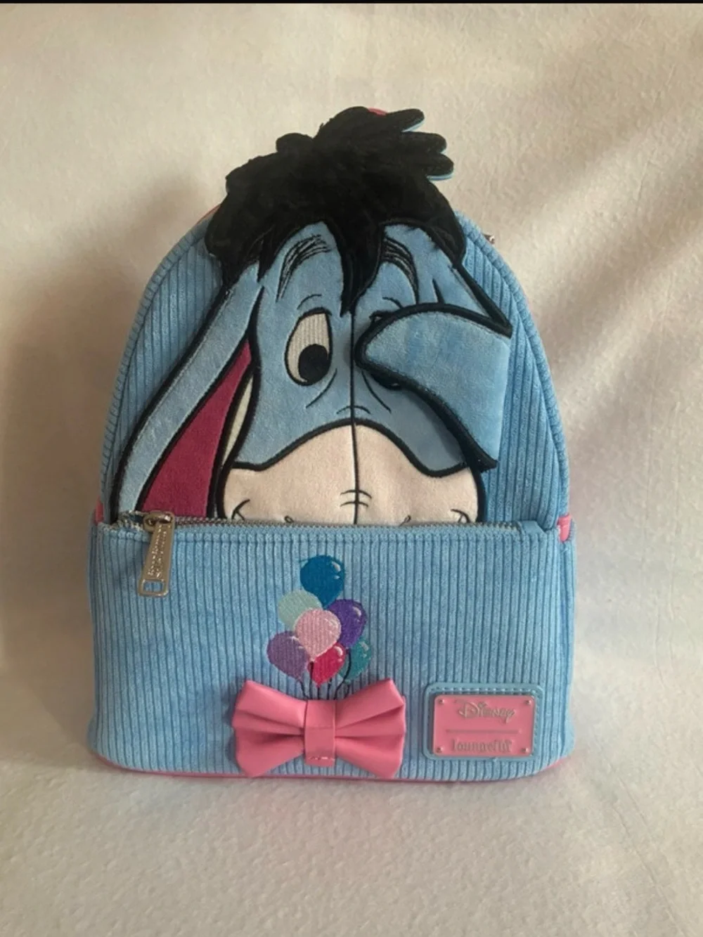 NWT Disney Loungefly Eeyore Blue Corduroy Mini Backpack with Pink Accents